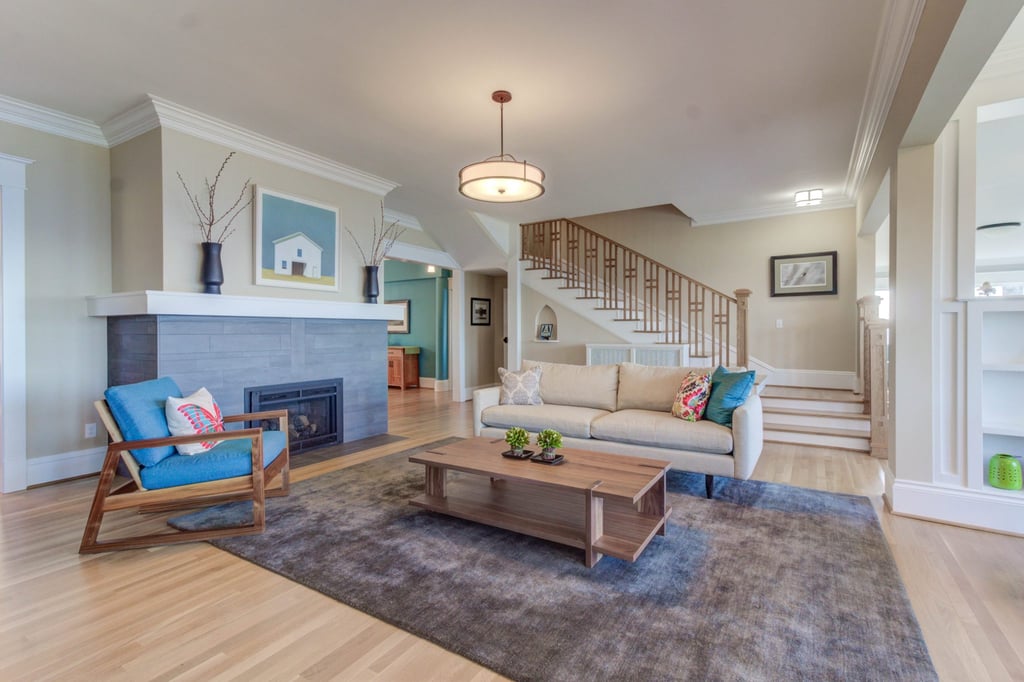 Newly remodeled living room with blue and white accents