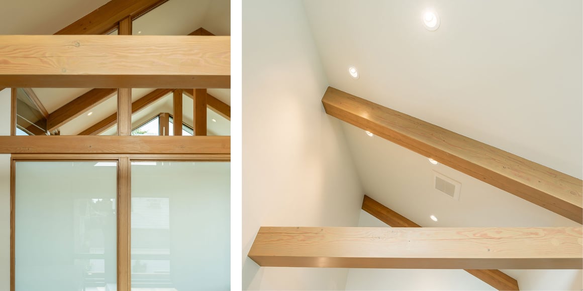 Side-by-side images showcasing architectural ceiling details of a custom home. The left image highlights natural wood beams, frosted glass panels, and vaulted ceilings with large windows. The right image features a close-up of exposed wood beams against a white ceiling with recessed lighting.