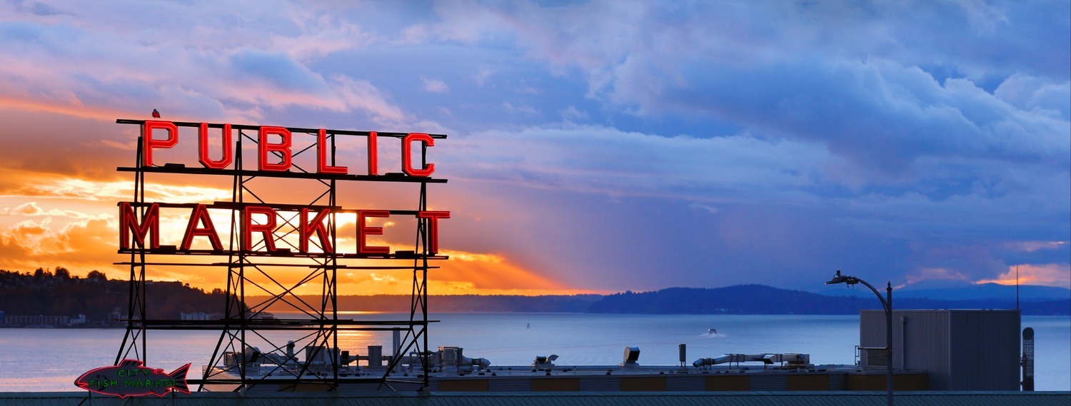 Seattle's Pike Place Market after sunset
